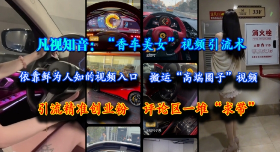 凡视知音：“香车美女”视频引流术，依靠鲜为人知的视频入口，搬运“高端圈子”视频，引流精准创业粉，评论区一堆“求带”-智取云网创