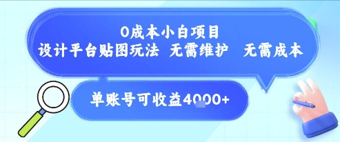 0成本小白项目，设计平台贴图玩法，无需维护，无需成本，单账号单月可产生收益4k+-智取云网创