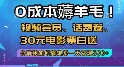 0成本薅羊毛!视频会员、话费卷、30元电影票白送，分享我如何靠转卖一天变现5张+【揭秘】-智取云网创